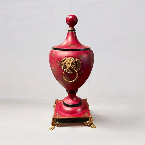 Red Tole Metal Urn-Oriental Accents-Brass Lion Head Handles-Vintage-Chestnut-Lid - Picture 1 of 10
